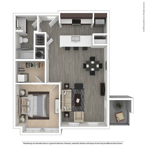 Modern floor plan showcasing a spacious open-concept living area with one bedroom, stylish kitchen, and elegant living room, complete with a cozy balcony.