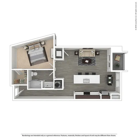 Modern 1-bedroom apartment floor plan with open-concept kitchen and living area, including a full bathroom and cozy balcony.