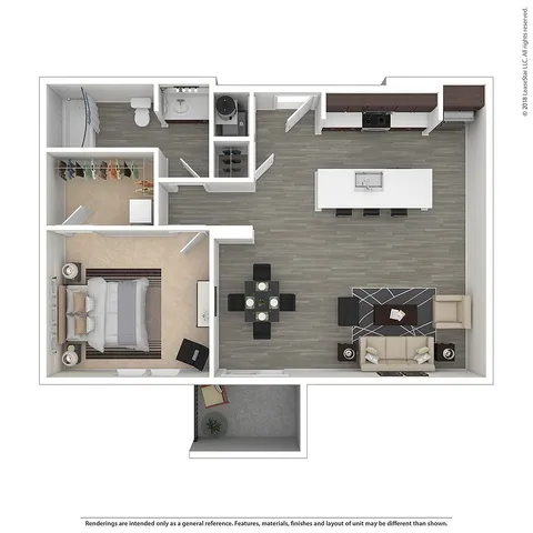Modern 1-bedroom floor plan featuring an open-concept living area, sleek kitchen with island, and a cozy balcony.