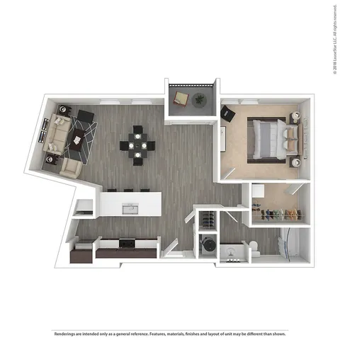 Modern floor plan with one bedroom, open living and dining space, sleek kitchen, and private balcony.