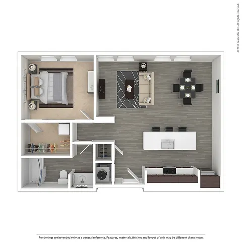 Contemporary 1-bedroom apartment floor plan showcasing a spacious open-concept living room, modern kitchen with island seating, and cozy bedroom with ample closet space.