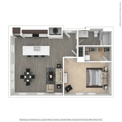 Modern 3D floor plan featuring a spacious one-bedroom apartment with open-concept living area, sleek kitchen, elegant dining space, and luxurious bathroom.