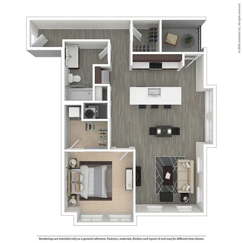 Modern open-concept floor plan featuring a spacious 1-bedroom, stylish kitchen with an island, and a cozy living area with natural light.