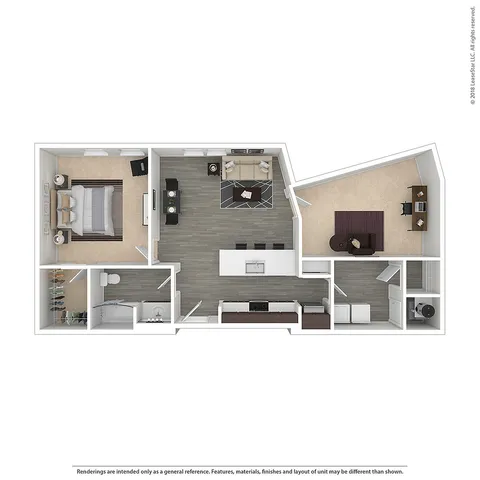 Modern 3D apartment floor plan featuring 1 spacious bedroom, cozy living room, sleek kitchen, and dedicated office space.