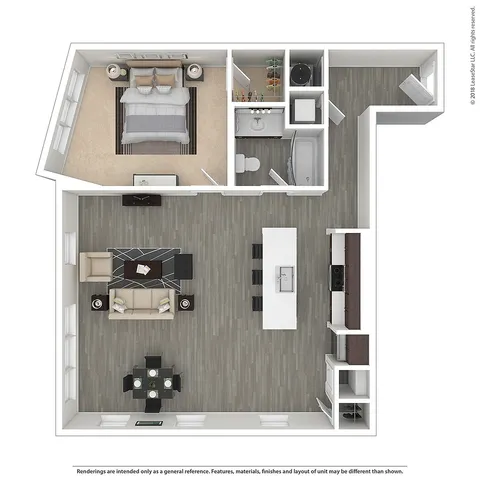 Modern 3D floor plan featuring a spacious one-bedroom layout with a stylish open-concept living and dining area, contemporary kitchen, and elegant bathroom.