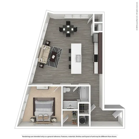 Chic floor plan highlighting a modern open-concept living space with one bedroom, stylish kitchen, and elegant dining area.