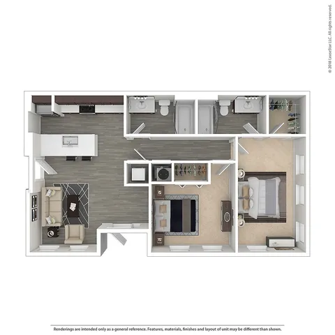 Modern 3D floor plan showcasing a stylish apartment with two bedrooms, open-concept kitchen and living area, and dual bathrooms for ultimate comfort.