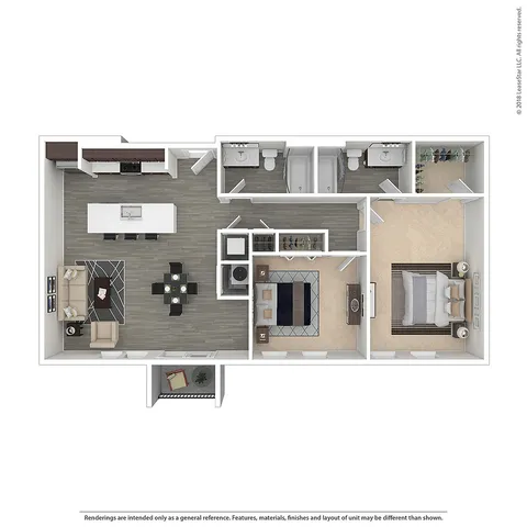 Modern 3D floor plan featuring a spacious 2-bedroom with an ensuite bathroom, open-concept kitchen with dining area, and a cozy living room.