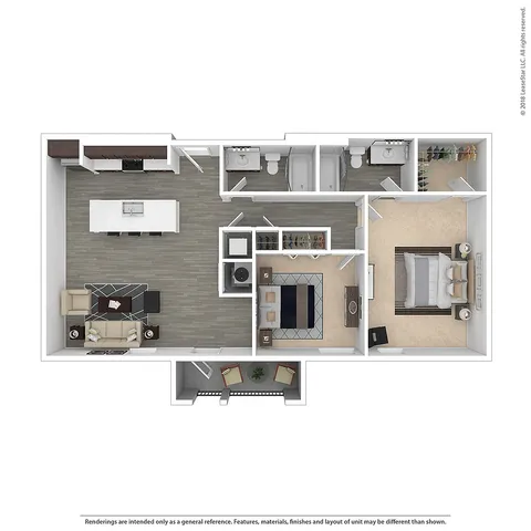 Modern floor plan showcasing an expansive two-bedroom apartment with a sleek open-concept living and dining area, stylish kitchen, spacious bathrooms, and private balcony.