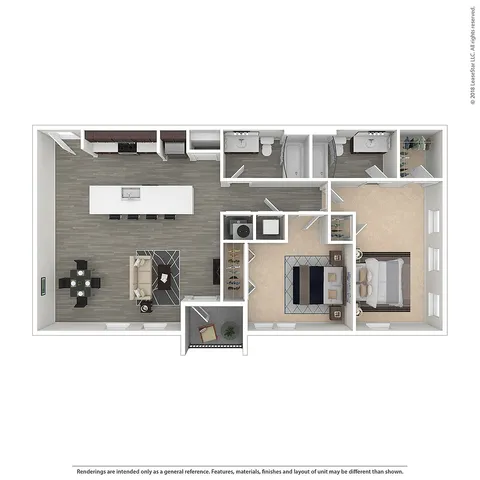 Modern apartment floor plan showcasing an open-concept kitchen and living area, 2 elegant bathrooms, and two spacious bedrooms.
