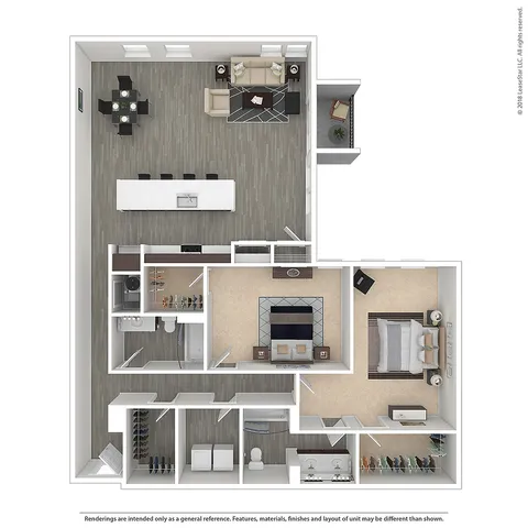 Modern open-concept floor plan featuring 2 spacious bedrooms, a large living area, and a sleek kitchen with island bar seating.