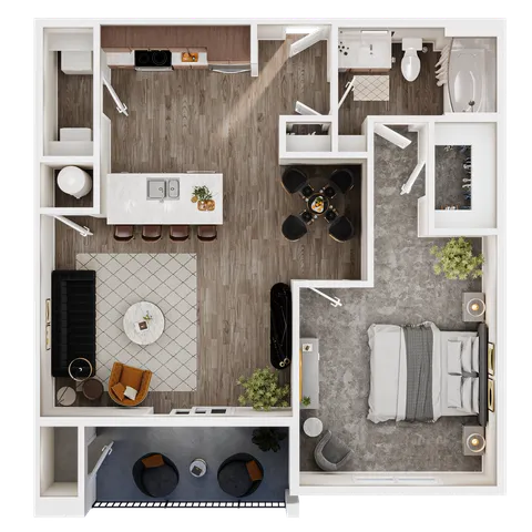 Chic floor plan showcasing an open-concept kitchen and dining area, spacious living room, elegant bedroom, and modern bathroom with luxurious fixtures.