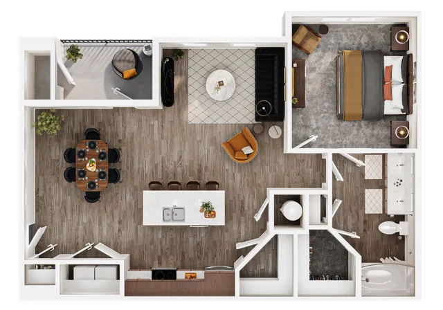 Modern floor plan showcasing a spacious 1-bedroom apartment with open-concept living, sleek kitchen island, elegant dining area, cozy living room, and stylish balcony.