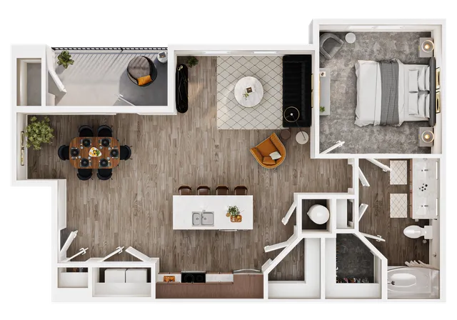 Modern 3D floor plan showcasing a spacious one-bedroom apartment with an open-concept living and dining area, stylish kitchen island, cozy balcony space, and luxurious bathroom amenities.