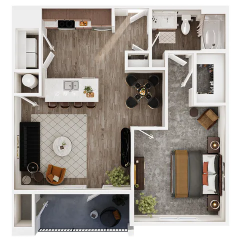 Modern open-concept floor plan featuring a spacious kitchen island, cozy living area, elegant dining space, stylish bedroom, and contemporary bathroom.