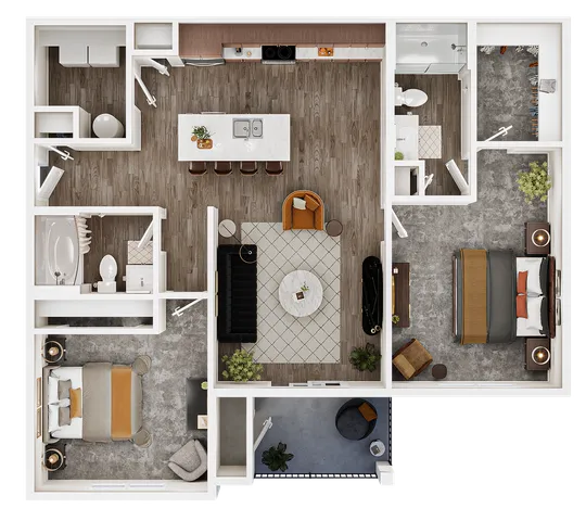 Modern floor plan showcasing two cozy bedrooms, a spacious open-concept kitchen with an island, elegant dining area, and a stylish living room layout.
