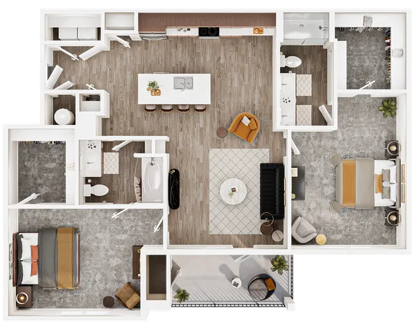 Contemporary floor plan showcasing 2 spacious bedrooms, an elegant open kitchen with island seating, and a cozy living area leading to a private balcony.