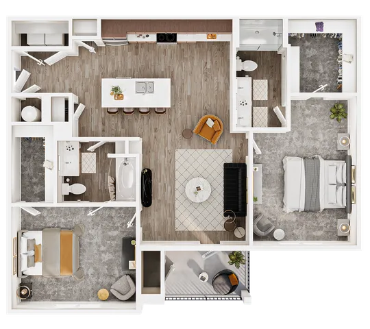 Elegant floor plan showcasing a spacious two-bedroom apartment with a modern open kitchen, cozy living area, and two luxurious bathrooms.