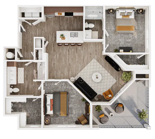 Elegant floor plan showcasing spacious 2-bedroom apartment with open-concept living area, modern kitchen, and stylish balcony.