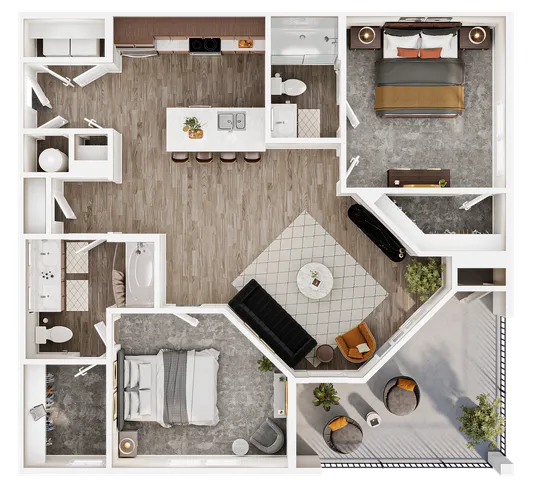 Elegant 3D floor plan showcasing a sophisticated apartment with 2 bedrooms, open-concept kitchen, stylish living room, and a private balcony.