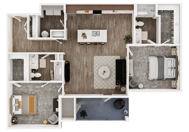 Modern 3D floor plan featuring 2 bedrooms, spacious open-concept kitchen, inviting living area, and two stylish bathrooms.