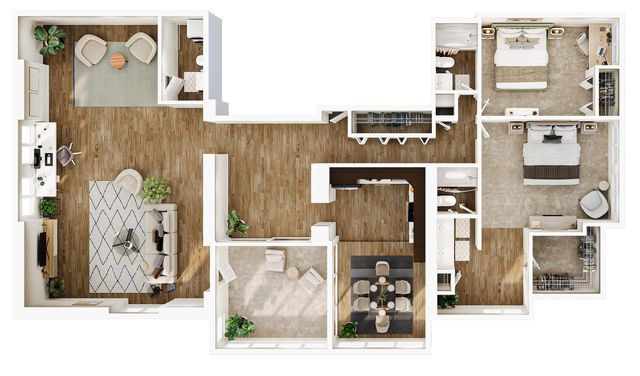 Modern apartment floor plan featuring two spacious bedrooms, two and a half bathrooms, an open-concept living and dining area, and a sleek kitchen with ample storage, perfect for stylish living.