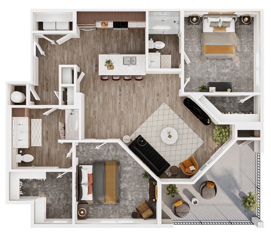 Modern 3D floor plan featuring 2 spacious bedrooms, an open-concept living and dining area, a sleek kitchen with an island, and a private balcony, perfect for stylish living - B7A Gulf