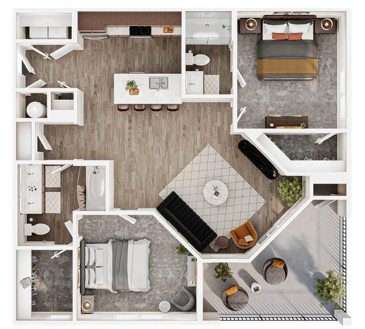 Elegant 3D floor plan showcasing 2 bedrooms, a modern kitchen with island seating, a cozy living room, and a spacious balcony for outdoor relaxation. B8 Hollow