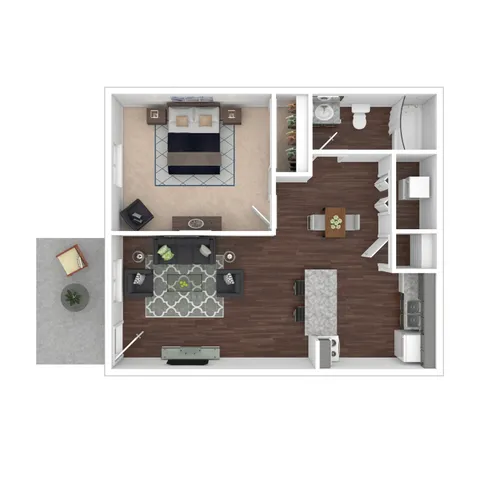 Muirwood Village Apartments - Contemporary 1-bedroom floor plan with open-concept living and kitchen area, stylish bathroom, and a cozy patio.