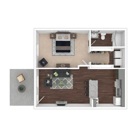 Muirwood Village Apartments - Chic open-concept floor plan with spacious bedroom, modern kitchen, and cozy living area featuring elegant hardwood floors.