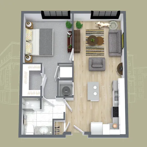 Modern 1-bedroom apartment floor plan featuring a spacious open-concept living and dining area, sleek kitchen, and stylish bathroom.