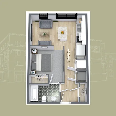 Modern 3D floor plan showcasing an elegant apartment with one bedroom, a spacious living room, and a sleek kitchen. Ideal for contemporary urban living.