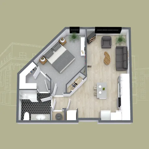 Modern 3D floor plan featuring a cozy one-bedroom layout, spacious living area, sleek kitchen, and stylish bathroom.