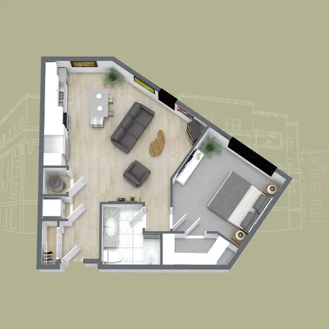 Chic 3D floor plan showcasing an open-concept living area, modern kitchen, and a cozy bedroom with a spacious bathroom.