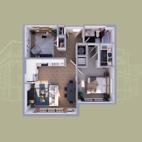 Charming 3D floor plan showcasing a spacious bedroom, modern kitchen, cozy living area, and well-designed home office.