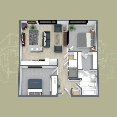 Modern 3D floor plan showcasing a stylish apartment with two bedrooms, inviting living area, and a well-equipped kitchen.