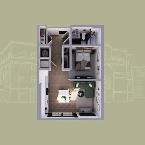 Modern 3D floor plan of a compact apartment featuring a cozy bedroom, sleek bathroom, open-concept kitchen, and inviting living area.