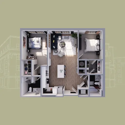 Modern 3D floor plan showcasing two bedrooms, a bright living area, and a stylish kitchen, perfect for contemporary living.