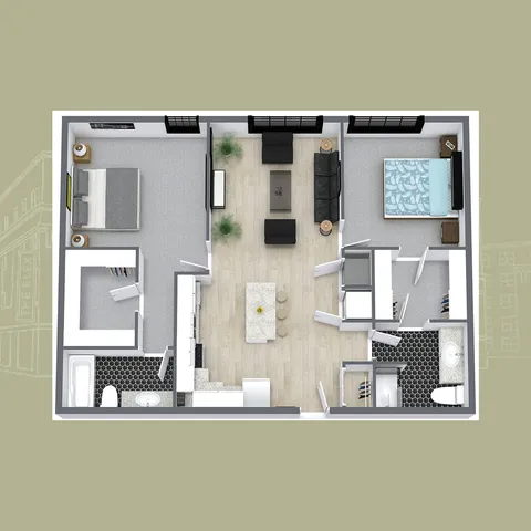 Contemporary 3D floor plan showcasing 2 bedrooms, a stylish open-plan living area, and modern kitchen design.