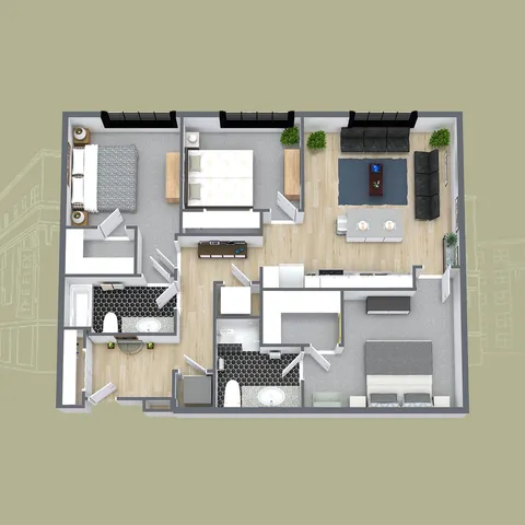Modern 3D floor plan showcasing a chic apartment with three bedrooms, two stylish bathrooms, a cozy living area, and a sleek kitchen.