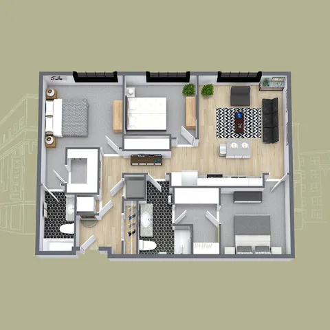 Modern 3D floor plan displaying a spacious apartment with three bedrooms, two bathrooms, an open-concept living room, and a chic kitchen. Designed for comfort and style.