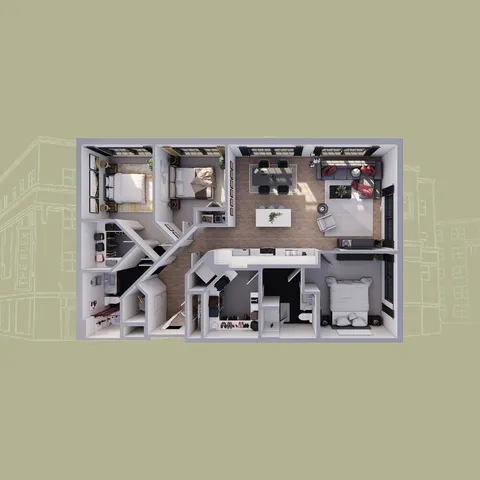Modern 3D floor plan with three bedrooms, an elegant open living and dining space, and contemporary amenities.