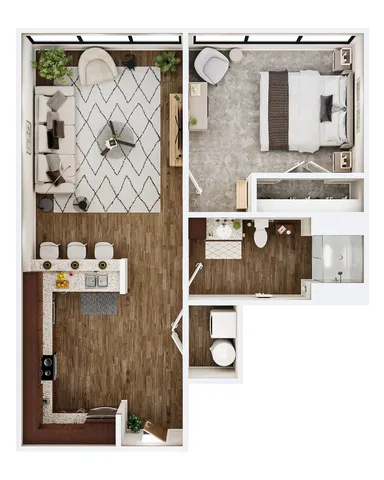 Modern floor plan with one bedroom, open-concept living room, sleek kitchen, and elegant bathroom. Bright and spacious layout with stylish finishes.