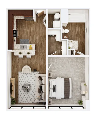 Charming 1-bedroom apartment floor plan featuring a stylish open kitchen, cozy living area, and modern bathroom.