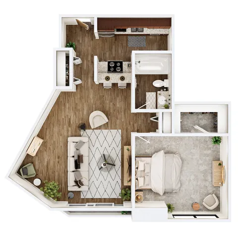 Contemporary floor plan showcasing a 1-bedroom apartment with an open-concept living area, modern kitchen, and elegant bathroom, perfect for stylish urban living.