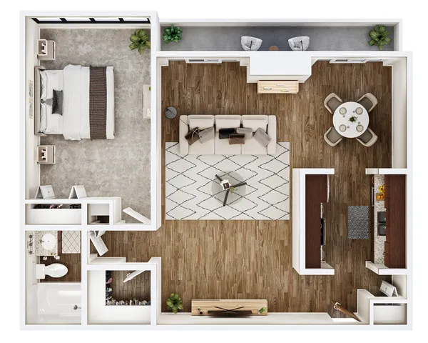 Modern floor plan featuring a spacious bedroom, elegant living area, open dining space, and well-equipped kitchen with contemporary finishes.