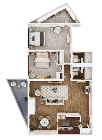 Contemporary 3D floor plan showcasing two spacious bedrooms, a modern open-concept living area, and a stylish kitchen with adjoining dining space, complete with a cozy balcony.