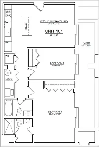 Detailed floor plan of Unit 101 with modern kitchen/living area, two bedrooms, and private patio.