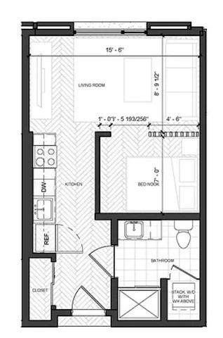 Compact and efficient studio floor plan featuring a cozy bed nook, open-concept living room, modern kitchen, and convenient bathroom layout.