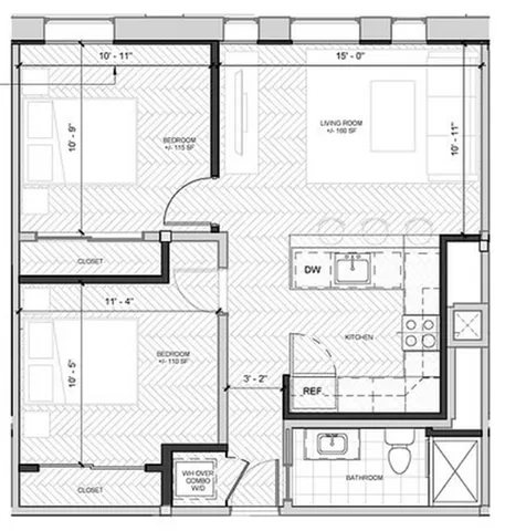 Contemporary 2D floor plan featuring two bedrooms, an airy living room, modern kitchen, and a well-appointed bathroom.